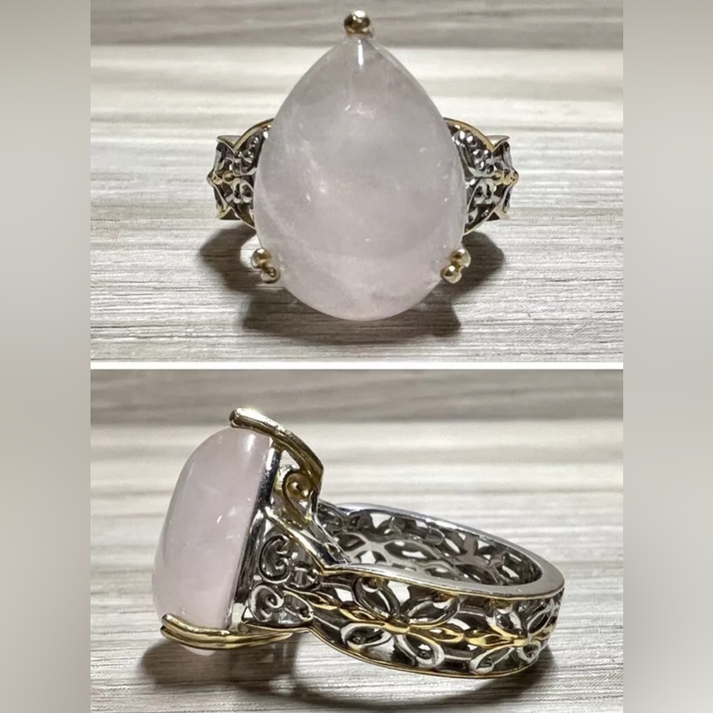 Gems En Vogue Sterling Silver & Gold Pear Cabochon Rose Quartz Ring, Size 5